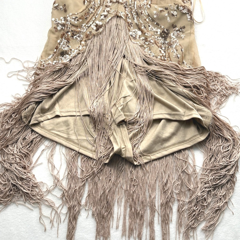 Sequin Fringe Flapper Romper‎ Deep V Gatsby Party Jumper Beige Size M - Picture 6 of 8